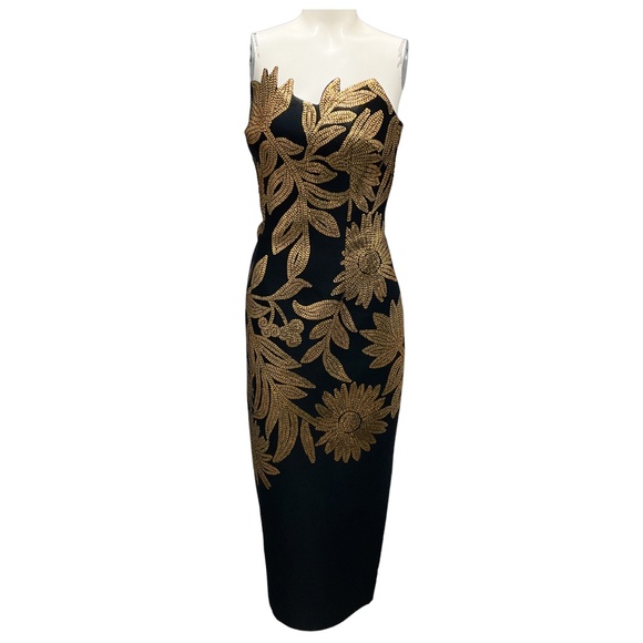 LELA ROSE BLACK / GOLD JACQUARD STRAPLESS COLUMN DRESS - Picture 1 of 6